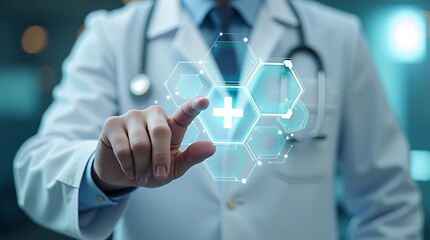 Female doctor's hand presses a glowing virtual button on a futuristic medical interface, showcasing the fusion of technology and healthcare