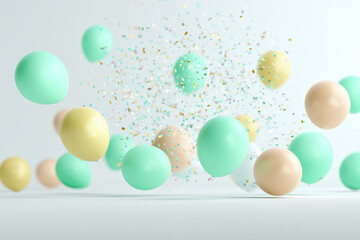 Multicolored balloons and confetti create a festive atmosphere for the celebration.