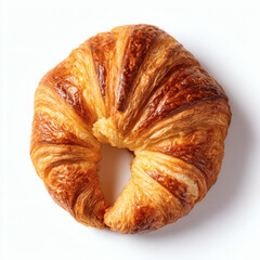 Croissant. A freshly baked, golden croissant with a perfectly flaky, buttery texture, set against a clean white background, ideal for showcasing a delicious bakery treat.