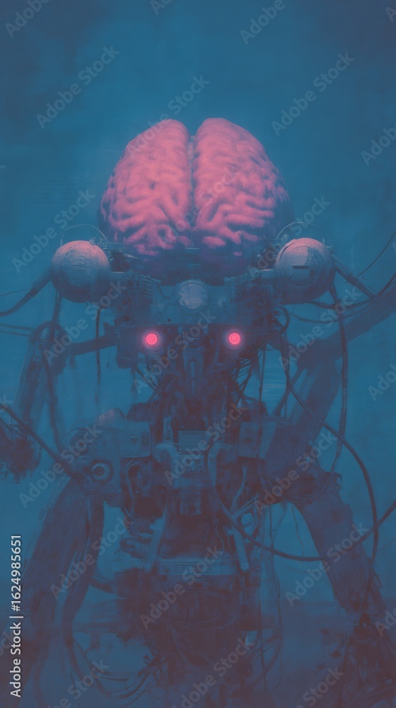 Poster organic brain with red glowing eyes on a dark mechanical robot. artificial intelligence or robotics 