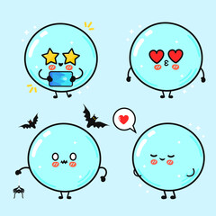 Playful cartoon bubbles with various expressions on a light blue backdrop, creating a cheerful and fun atmosphere.