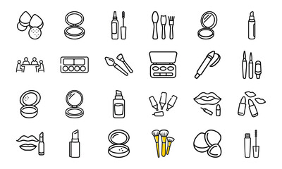 Cosmetic and Makeup Line Icon Set – Beauty Tools, Face Products, Brushes, Lipstick, Foundation, and Eyeliner Vector Collection

