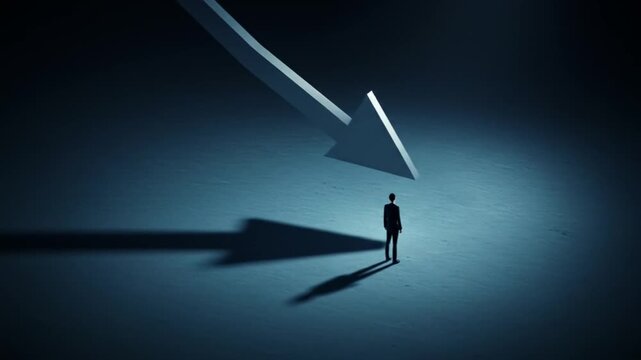 A solitary figure stands beneath a large downward arrow in a dimly lit space, symbolizing challenges