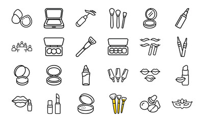 Obraz premium Cosmetic and Makeup Line Icon Set – Beauty Tools, Face Products, Brushes, Lipstick, Foundation, and Eyeliner Vector Collection