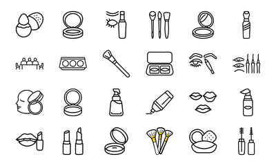 Cosmetic and Makeup Line Icon Set – Beauty Tools, Face Products, Brushes, Lipstick, Foundation, and Eyeliner Vector Collection

