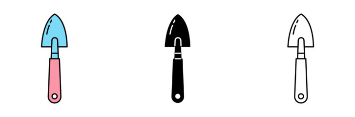 A set of three diverse garden trowels in different colors, featuring a blue, pink, and black design against a clean background.