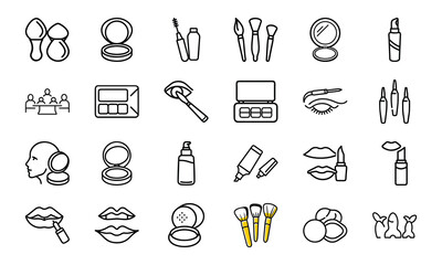 Cosmetic and Makeup Line Icon Set – Beauty Tools, Face Products, Brushes, Lipstick, Foundation, and Eyeliner Vector Collection

