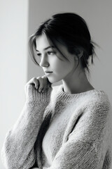 Thoughtful young woman in cozy sweater, contemplating in soft light with serene expression