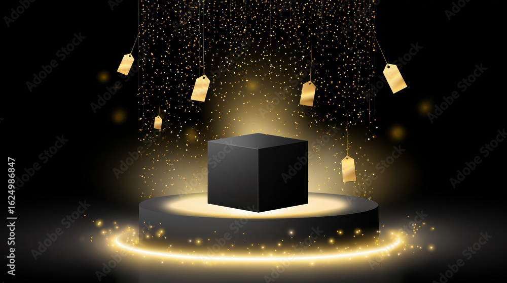 Poster black cube on illuminated pedestal with golden tags and sparkling background for product display