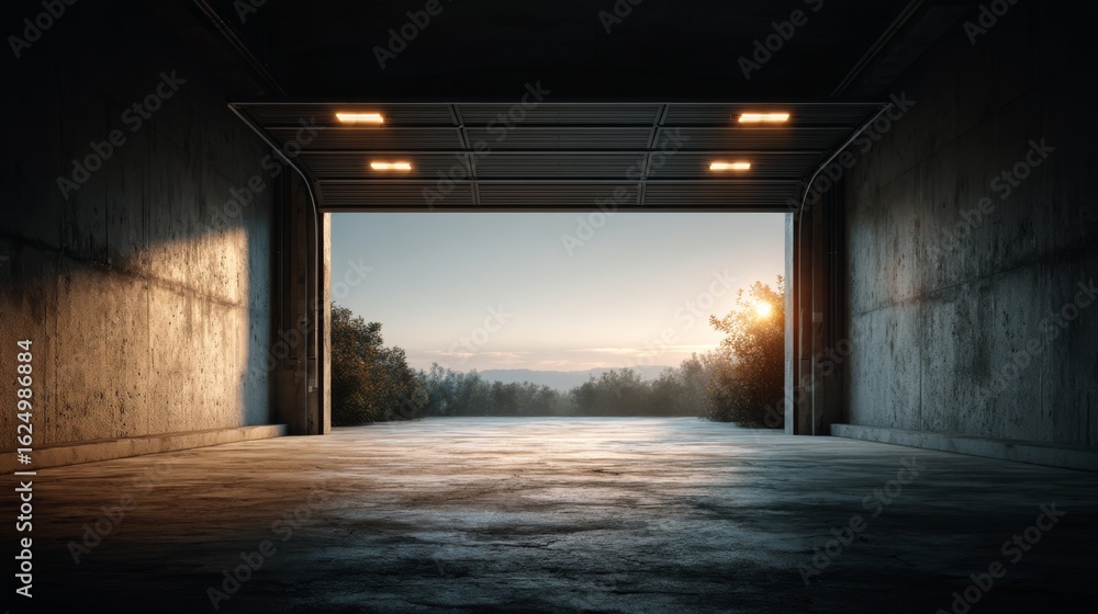 Poster a dimly lit garage opens to a scenic view of nature, showcasing the transition from artificial light