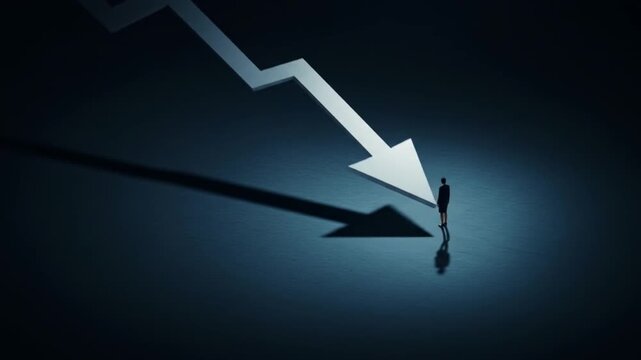 A solitary figure stands under a large downward arrow in a dimly lit space, symbolizing decline