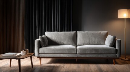 Grey Sofa in a Room with Wood Paneling, Curtains, and Floor Lamp