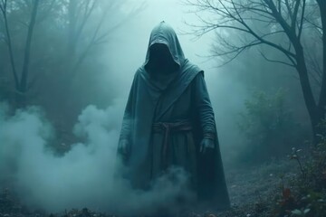 A shrouded figure, partially hidden in mist, exudes an aura of quiet enigma and serene power The soft light hints at a gentle, yet unknowable presence , stillness, quiet