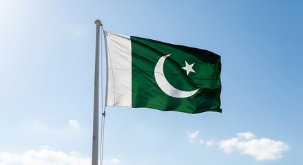Pakistani Flag Hoisted Against Blue Sky with Clouds