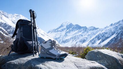 Hiking boots and backpack resting on rocky terrain with snow-capped mountains in the background