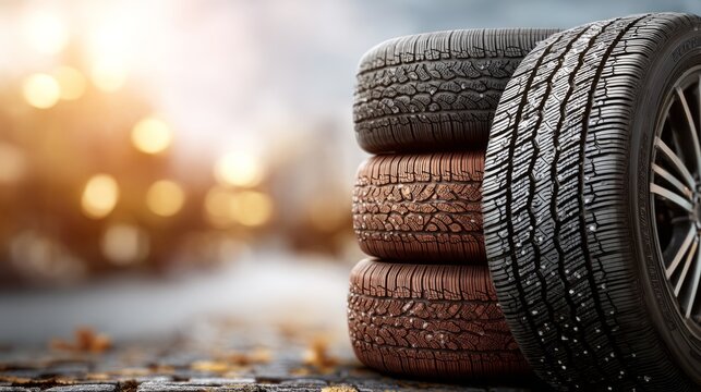 A stack of tires showcases various tread patterns against a blurred urban backdrop, highlighting their design and functionality.
