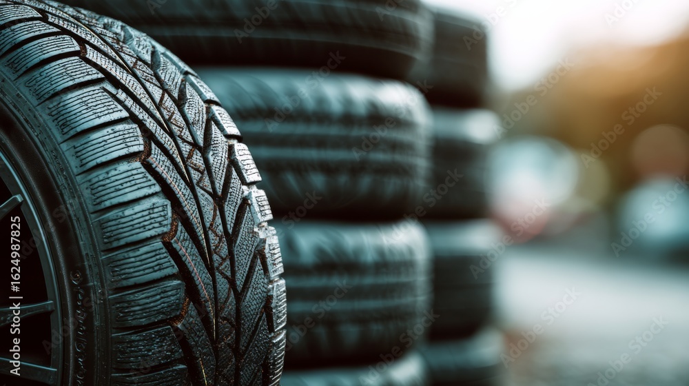 Poster a close-up of a tire with detailed tread patterns, set against a backdrop of stacked tires, showcasi