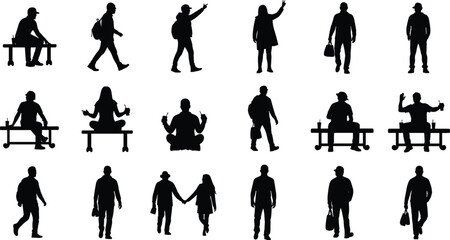 Silhouette people walking, sitting, holding drinks, casual wear, outdoor scenes, male and female characters, vector illustration for lifestyle concept