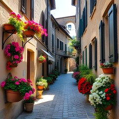 Narrow street lined with flowers and cozy historic buildings, sunlight warming the pathway. The vibrant lane exudes charm, peace, nostalgia, and the inviting comfort of old-town life.