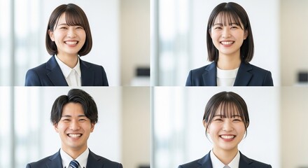 新社会人たちの笑顔あふれるビジネススーツ姿