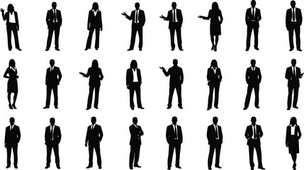 Silhouette business professionals standing, men and women in suits, various office poses, corporate characters, formal dress vector illustration set