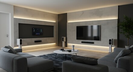 Smart Living Room with Hidden Lighting and Wall-Mounted TV