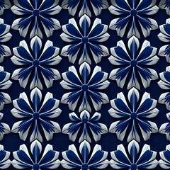 An intricate seamless pattern features floral and geometric elements in a symmetrical design. 