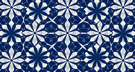 Fototapeta premium Ornate blue and white geometric pattern with repeating floral motifs. 