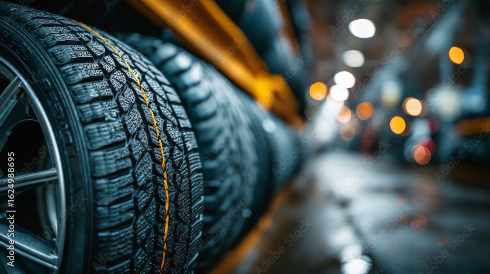 Poster a close-up image of tires in a garage, showcasing their tread patterns and textures with a blurred b