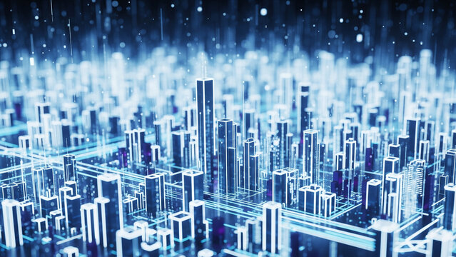 Abstract digital cityscape with glowing blue buildings and interconnected network lines, suggesting technology, future, and urban development. - Powered by Adobe