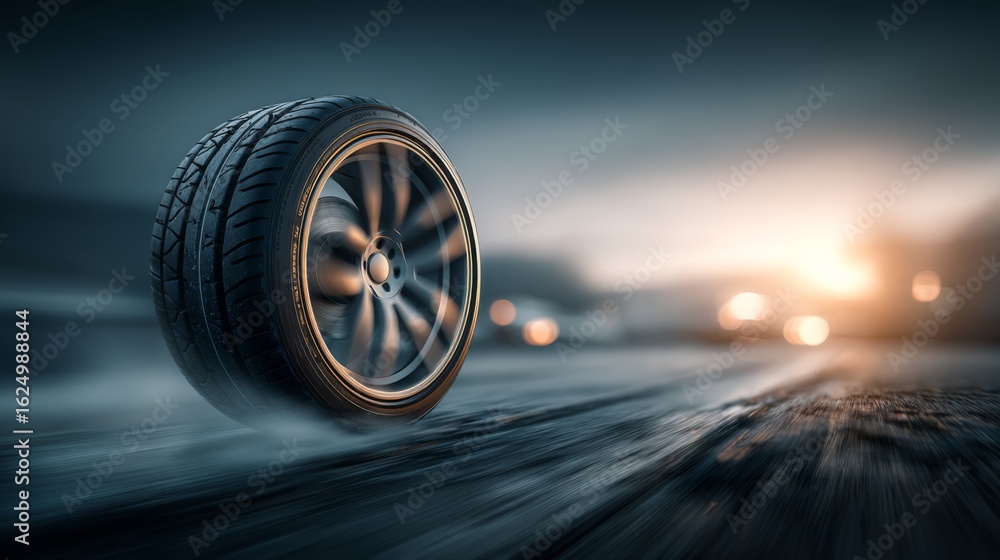 Aufkleber a dynamic image of a tire rolling on a wet road with a blurred background, capturing a sense of spee