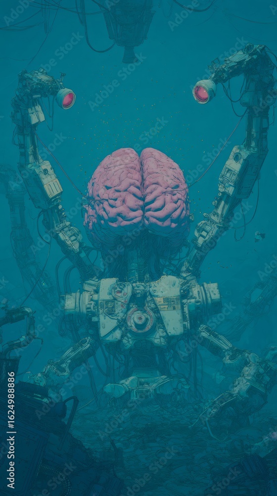 Aufkleber human brain connected to complex machinery underwater with robotic arms. concept of artificial intel