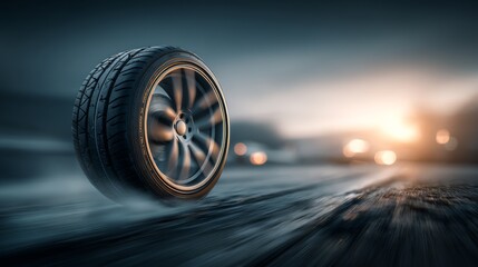 A dynamic image of a tire rolling on a wet road with a blurred background, capturing a sense of speed and motion against a dramatic sunset.