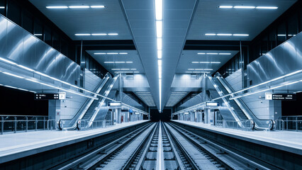 Modern subway station platform with symmetrical design, featuring tracks, escalators, and bright overhead lighting, creating a futuristic urban transport scene.