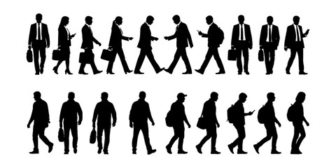 Silhouette business people walking, male and female professionals with briefcases, casual workers, mobile users, commuting characters, vector illustration