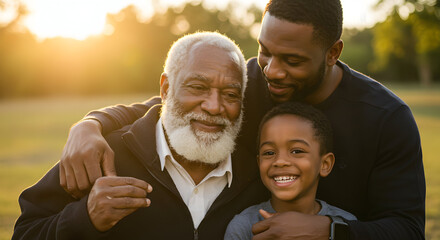 Three generations of a Black family smiling together outdoors at sunset enjoying family time togetherness love happiness heritage