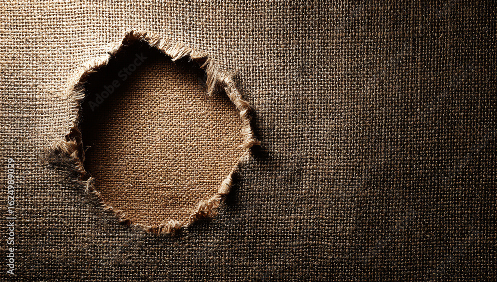 Poster torn fabric background with a hole revealing a golden surface, creating a textured and abstract desi