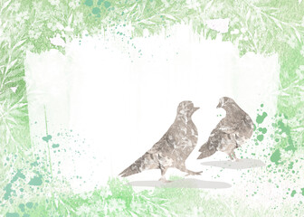 A pair of birds, friends in the park on a summer green background, fashionable watercolor design. A trendy banner with silhouettes of birds in the minimalist style. International Friendship Day