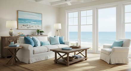 Coastal Living Room with White Slipcover Sofa and Ocean Tones