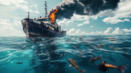 Rusty ship spewing smoke into a vibrant ocean, fish below