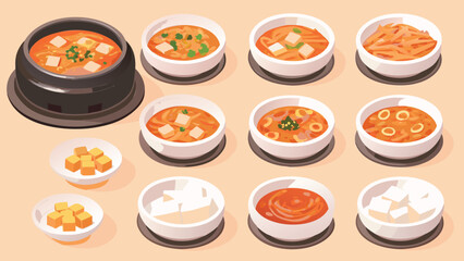 Illustration of various korean stews and side dishes served in white bowls on a light background