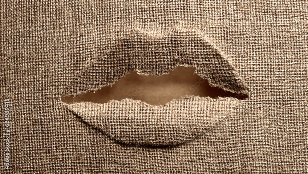 Poster a torn canvas reveals a pair of lips, creating a textured and abstract image with a vintage feel and