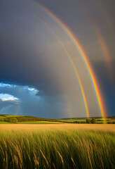 Naklejka premium rainbow over green field
