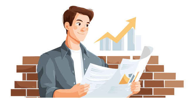 Young man analyzing business report with growth chart on background - - Powered by Adobe