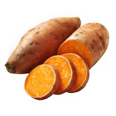 Close up of whole and sliced sweet potatoes showing the vibrant orange flesh, a healthy food choice isolated on transparent background