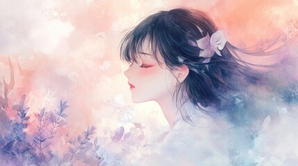 A serene girl, profile view, with flowing hair, soft colors, and floral accents