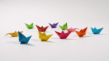 Naklejka premium Origami boats in colorful array on a white background
