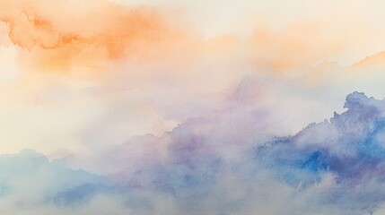 Soft, blended watercolor cloudscapes.  Layers of pastel orange, peach,  lavender, blue, and grey hues create a dreamy sky effect