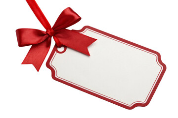 Blank gift tag shaped like a present with a red bow, isolated on white.