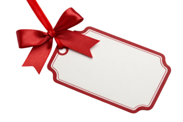 Blank gift tag shaped like a present with a red bow, isolated on white.